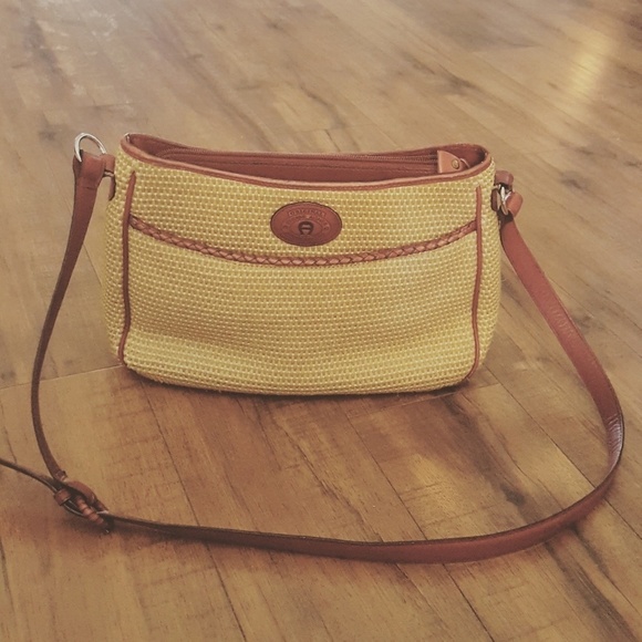 Etienne Aigner Handbags - Etienne Aigner‎ Woven Straw Leather Trim Crossbody Bag Tan Cognac Brown Vintage